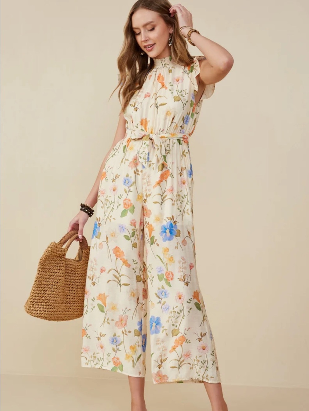 Floral Tie-Waist Wide-Leg Jumpsuit - Cream Floral Smock Neck Medium Smoke Free